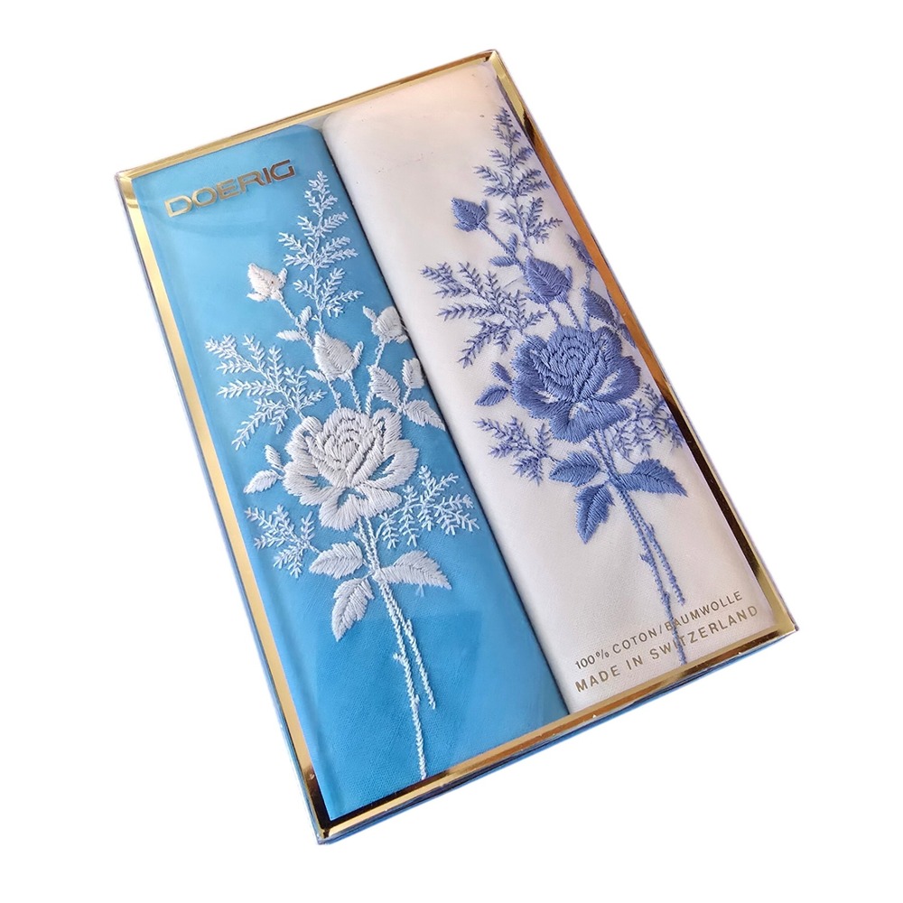 VTG Doerig NEW Handkerchiefs Womens Blue White Floral Embroidered Deadstock 2pk